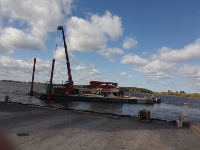 Concrete pump being moved to pier 6 for concrete placement