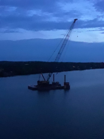 Evening view of one of the barges being parked for the night