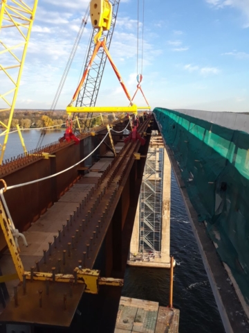 View between the bridge deck and the new girder being placed