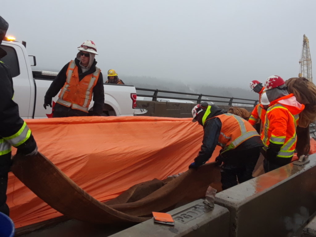 Placing curing material on the freshly placed concrete