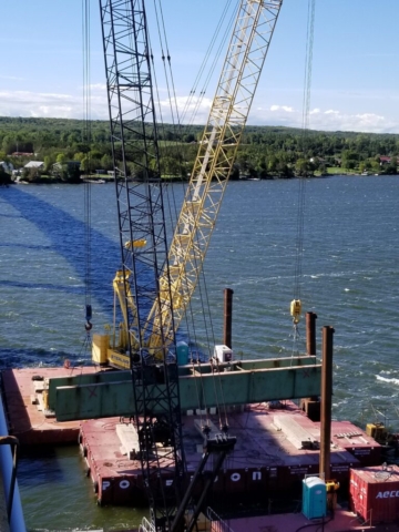 Lowering the second haunch girder onto the barge