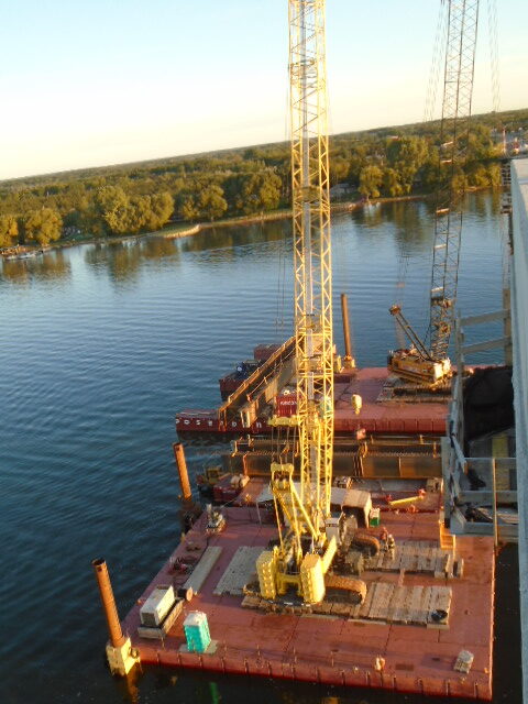 Top view of both crane barges and the first girders ready to be installed