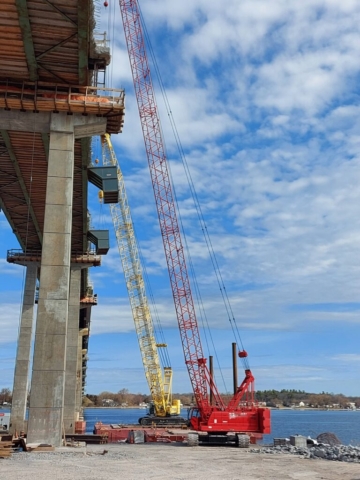 View north of 200 and 110 ton cranes holding containment bins