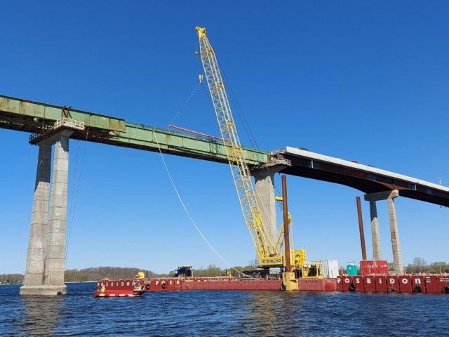 Expanded view of the 200 ton crane on the barge set-up for approach girder removal