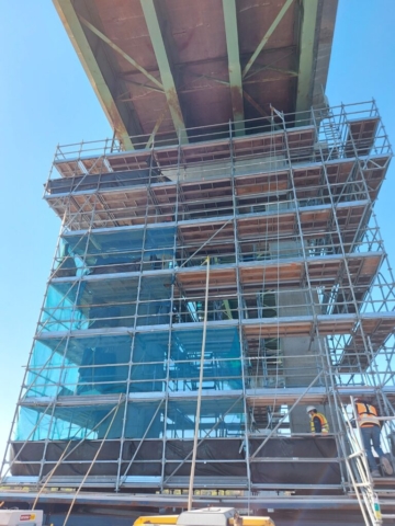 Northview of pier 4 barge and scaffolding