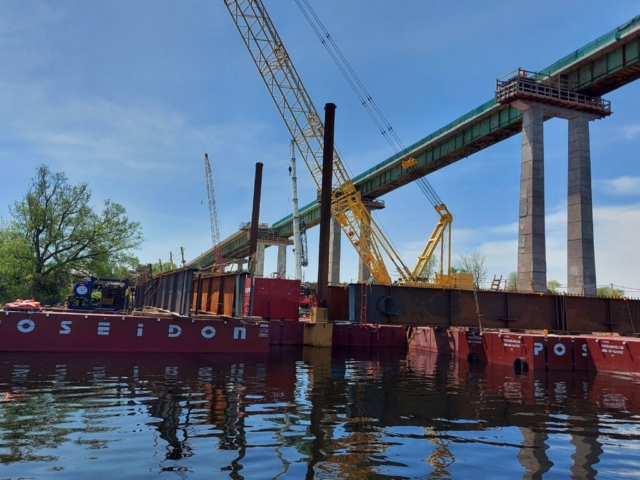 South view of barges and girders, 200 ton crane