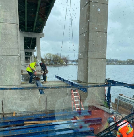 Starting installation of scaffolding on base of pier 5