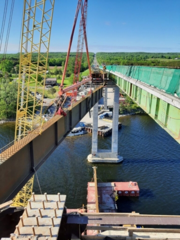 View from pier 11 of the first approach girder piece being installed