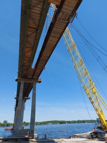 View from below of installed drop-in girder, 200 ton crane