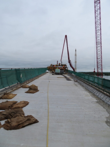 Overview, section of completed concrete deck and set-up for the second concrete placement