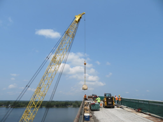 Top view of materials being lowered by the 200-ton crane