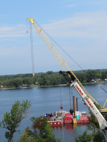 View north, 160-ton and 200-ton cranes, barges containing scaffolding