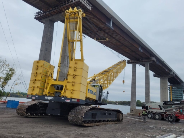 Moving the 200-ton crane into place on the dock