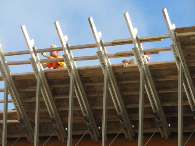 View from below of construction of the work platform