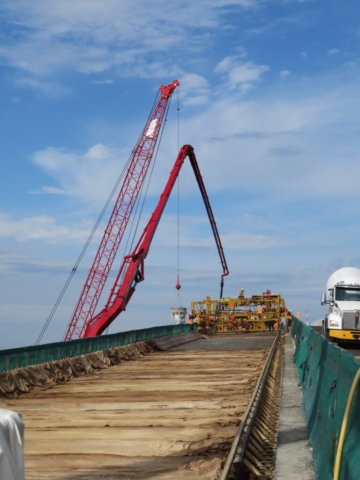 View north, concrete finisher, 110-ton crane, concrete truck