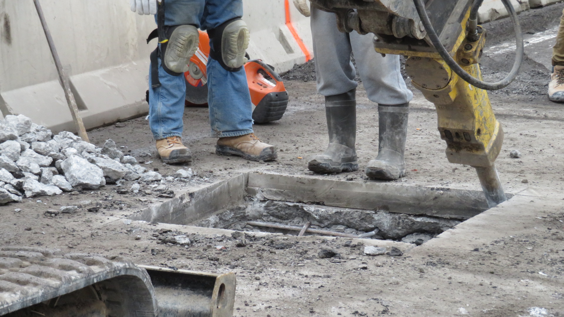 Close-up of concrete deck removal for caisson placement