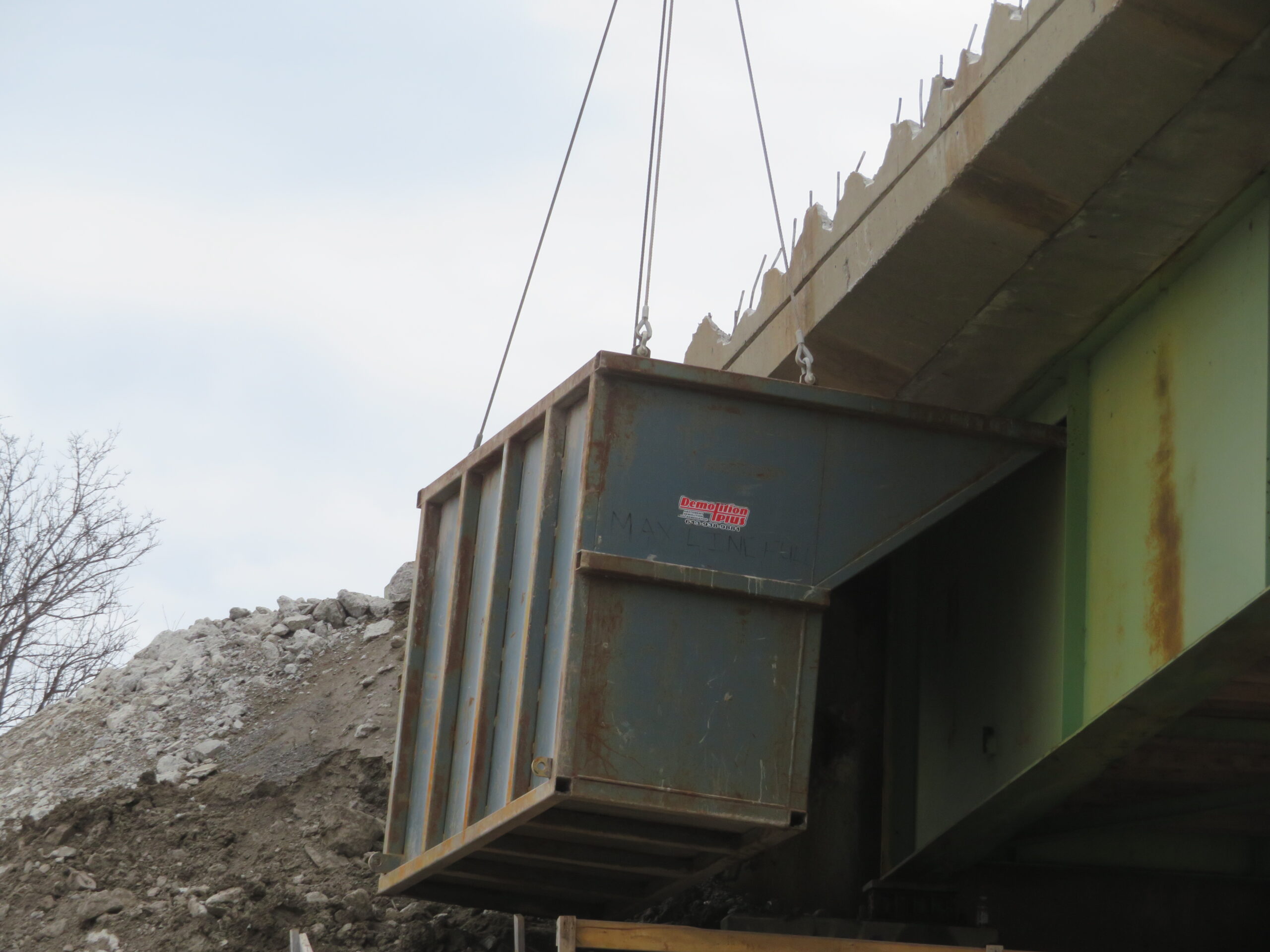 Close-up of containment bin during demolition