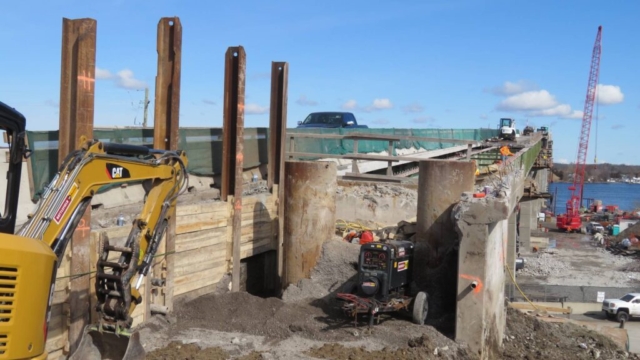 South abutment, lagging, H-piles and caisson liners