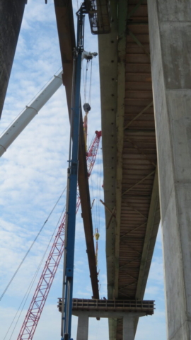 View from below of girder installation