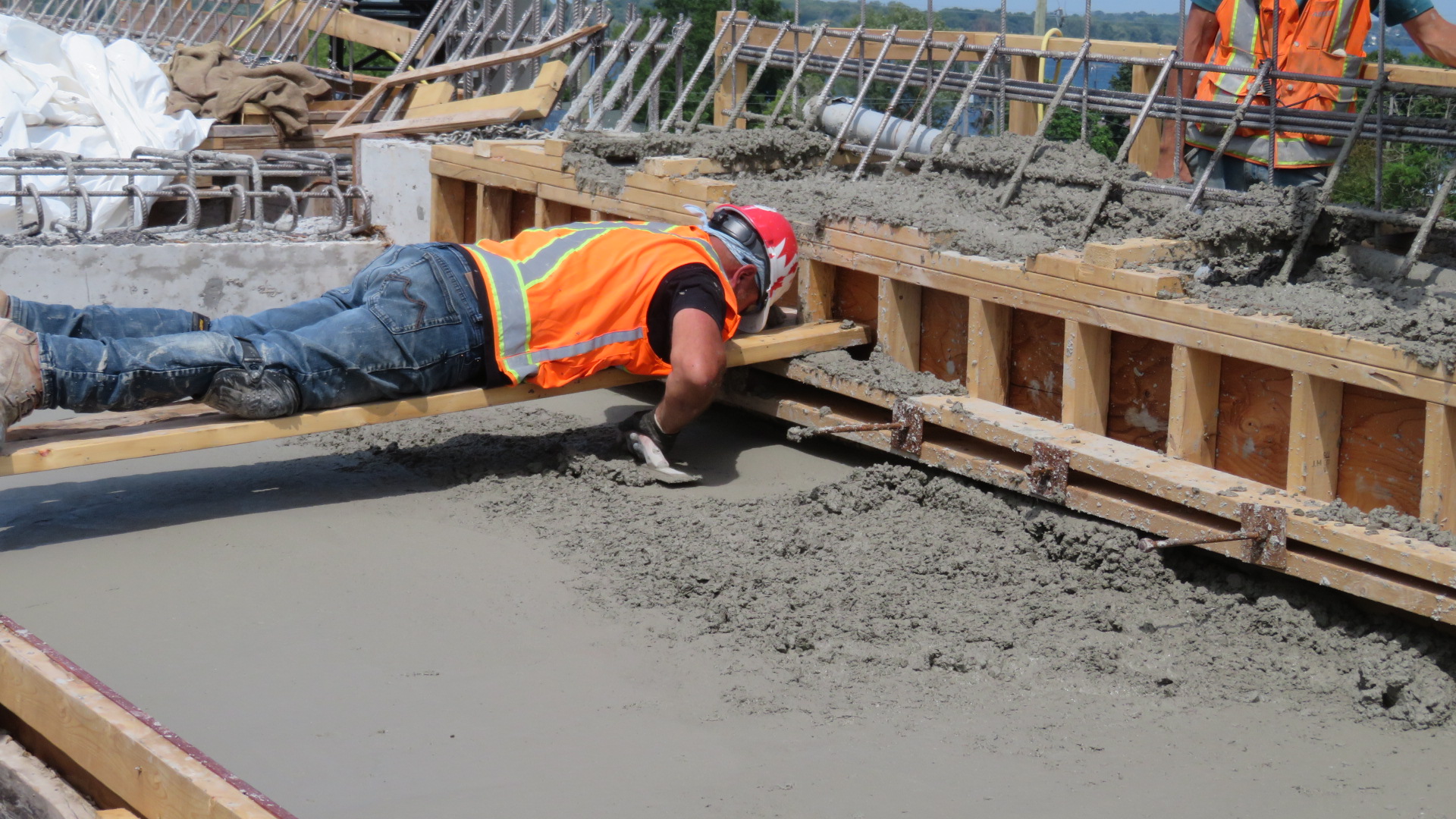 Troweling the south abutment slab
