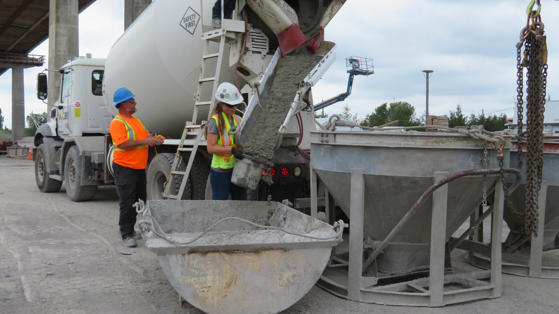 Filling the bucket for concrete testing