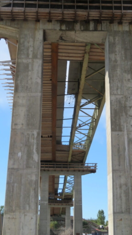View from below of a section of removed deck