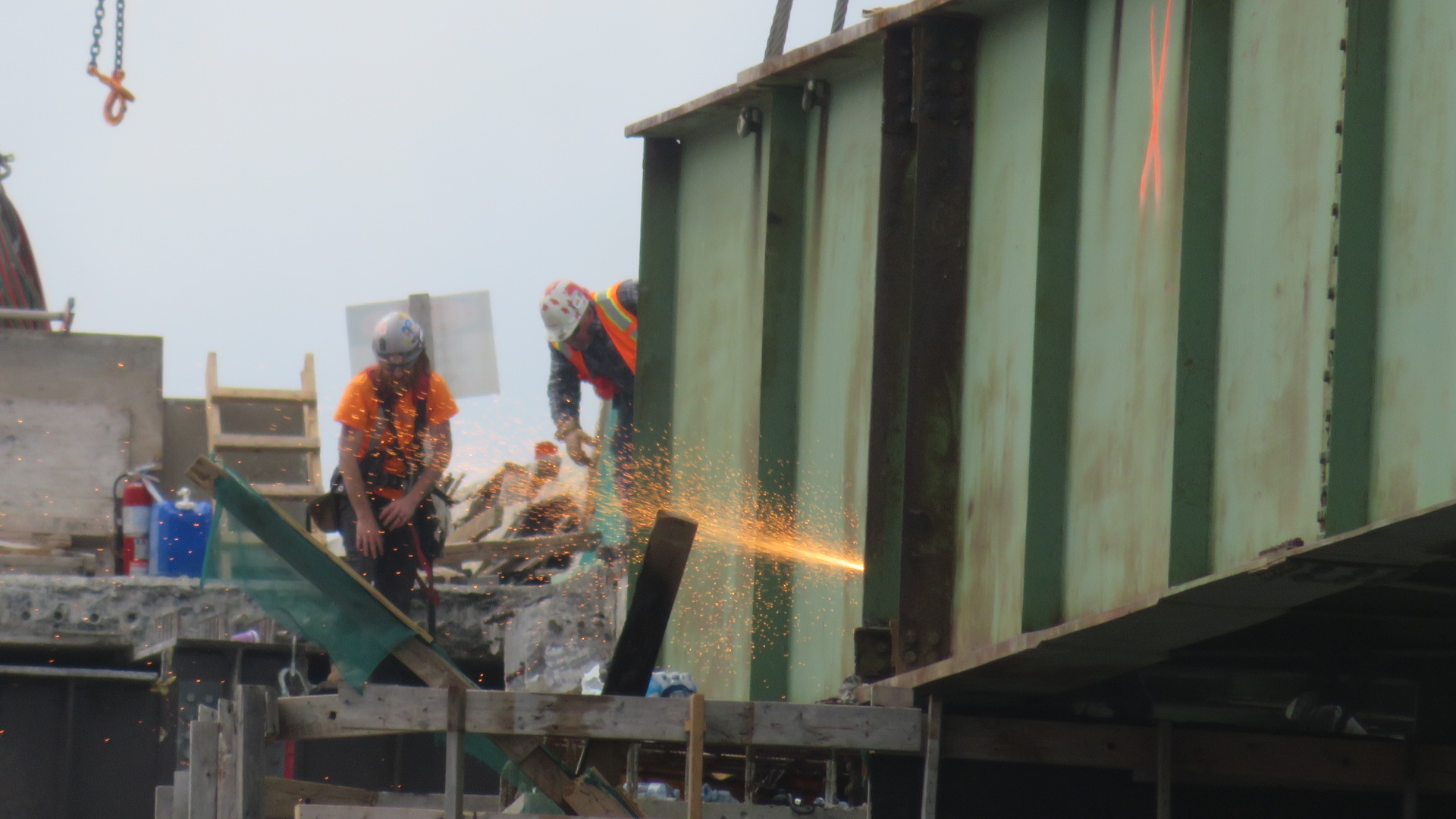 Close-up, cutting the second girder for removal