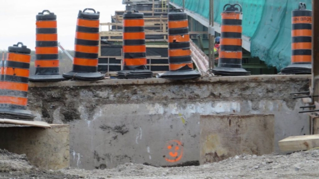 Exposed caisson liners at the north abutment