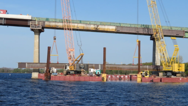 Both 200-ton cranes and barges, second girder lift