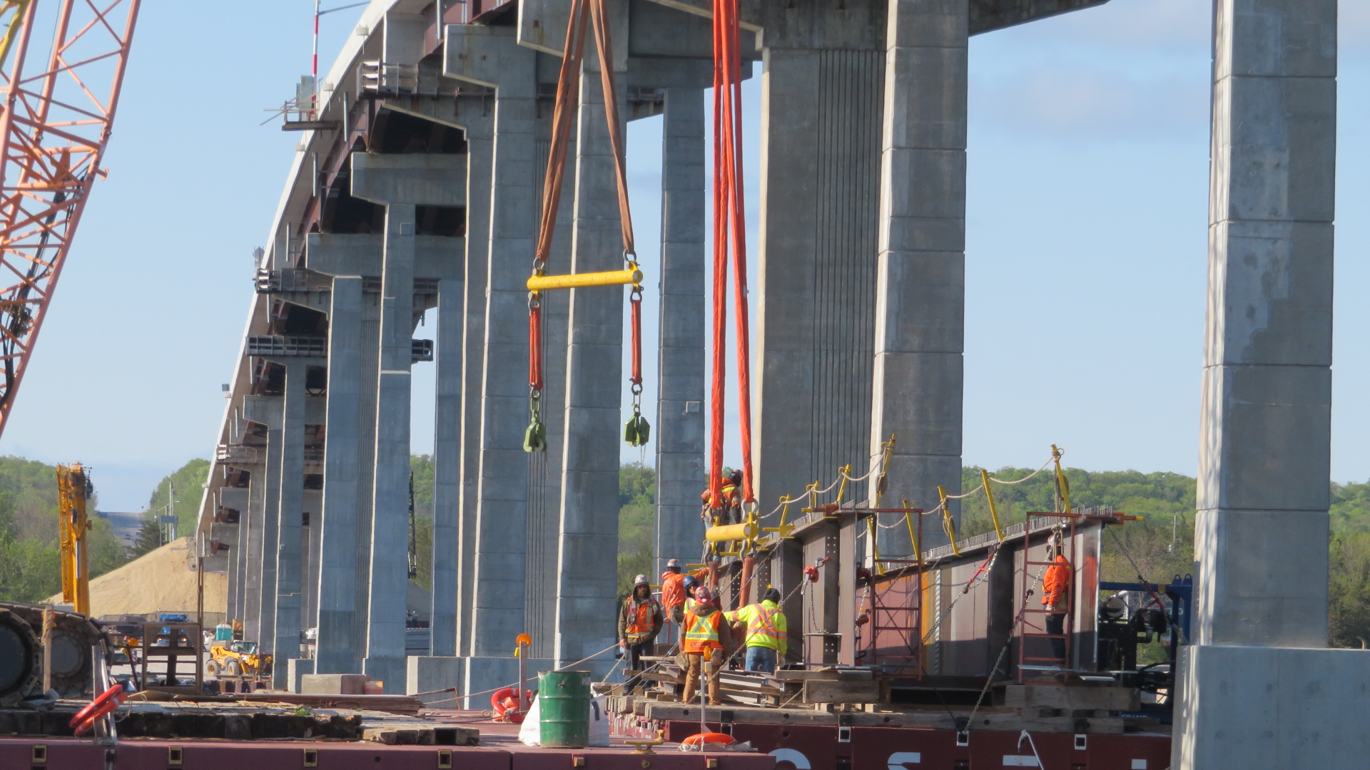 Moving the rigging into place above the girders