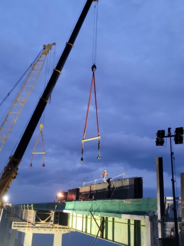200-ton cranes moving the rigging into place for the first of two girder lifts